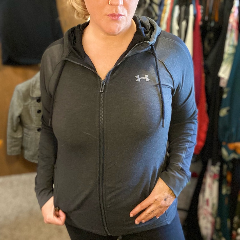 Dark Gray Under Armour zip up hoodie w mesh panel sleeve